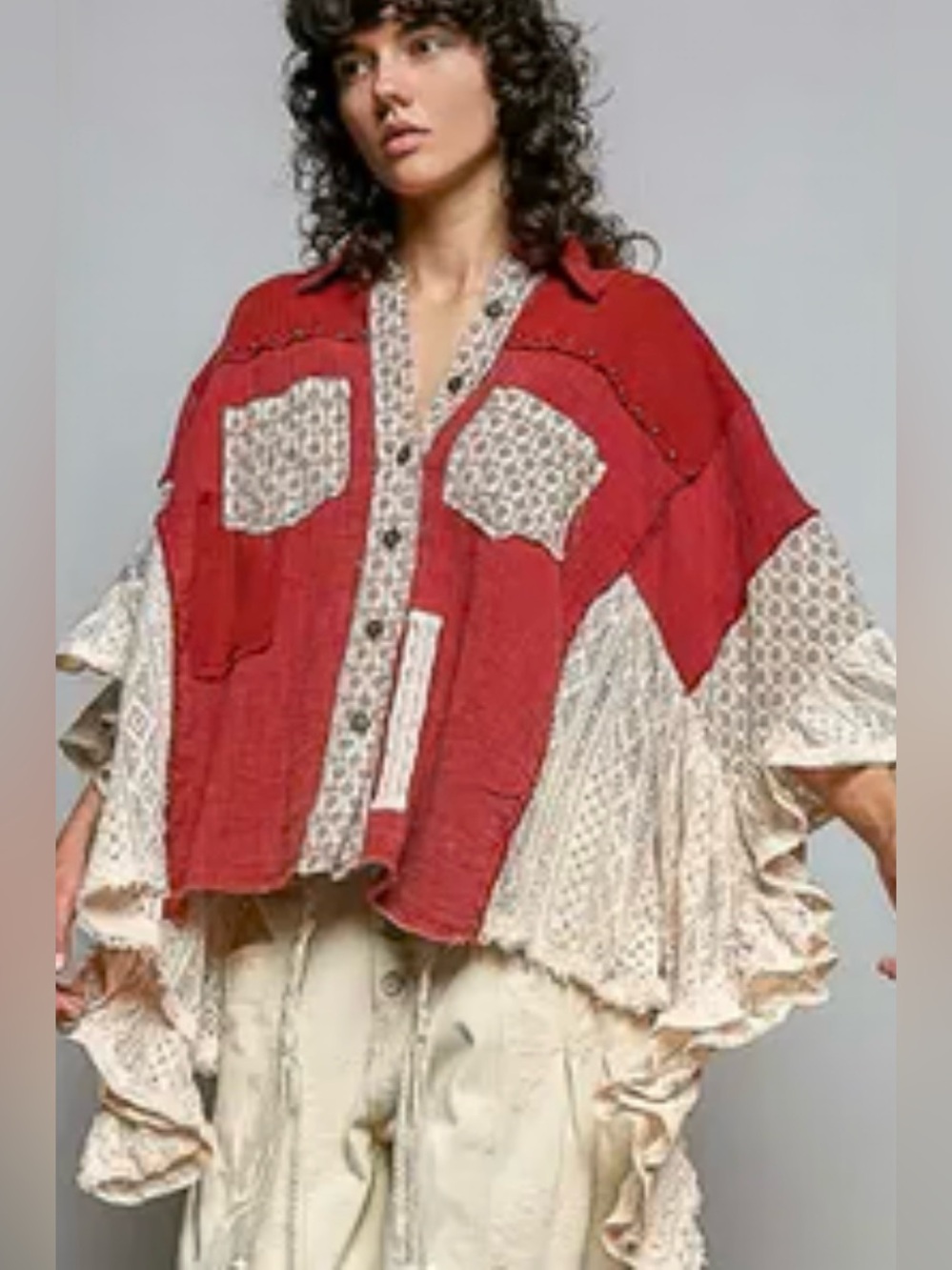 POL Boho Patchwork Batwing Lace Button Front Oversized Shacket Top NWT Size L